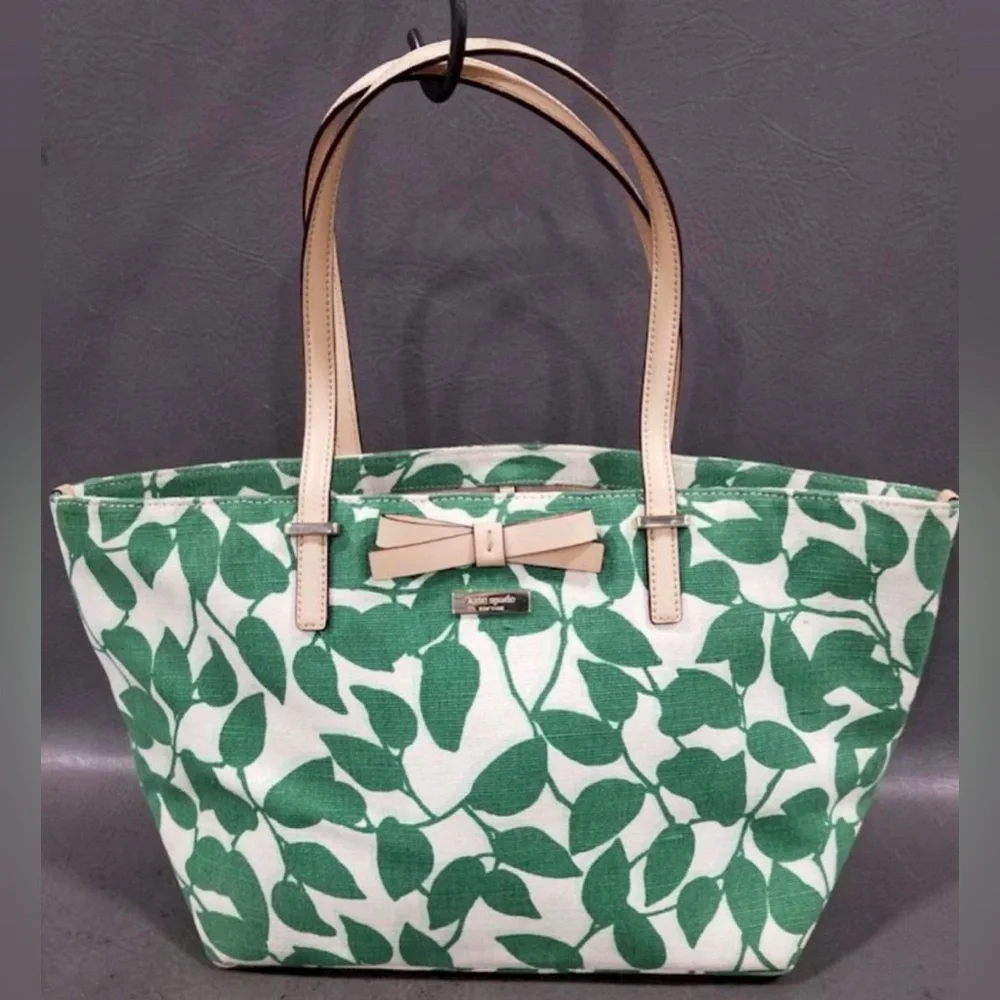 kate spade Cream Tote with Green Leaf Print and Blush Handles